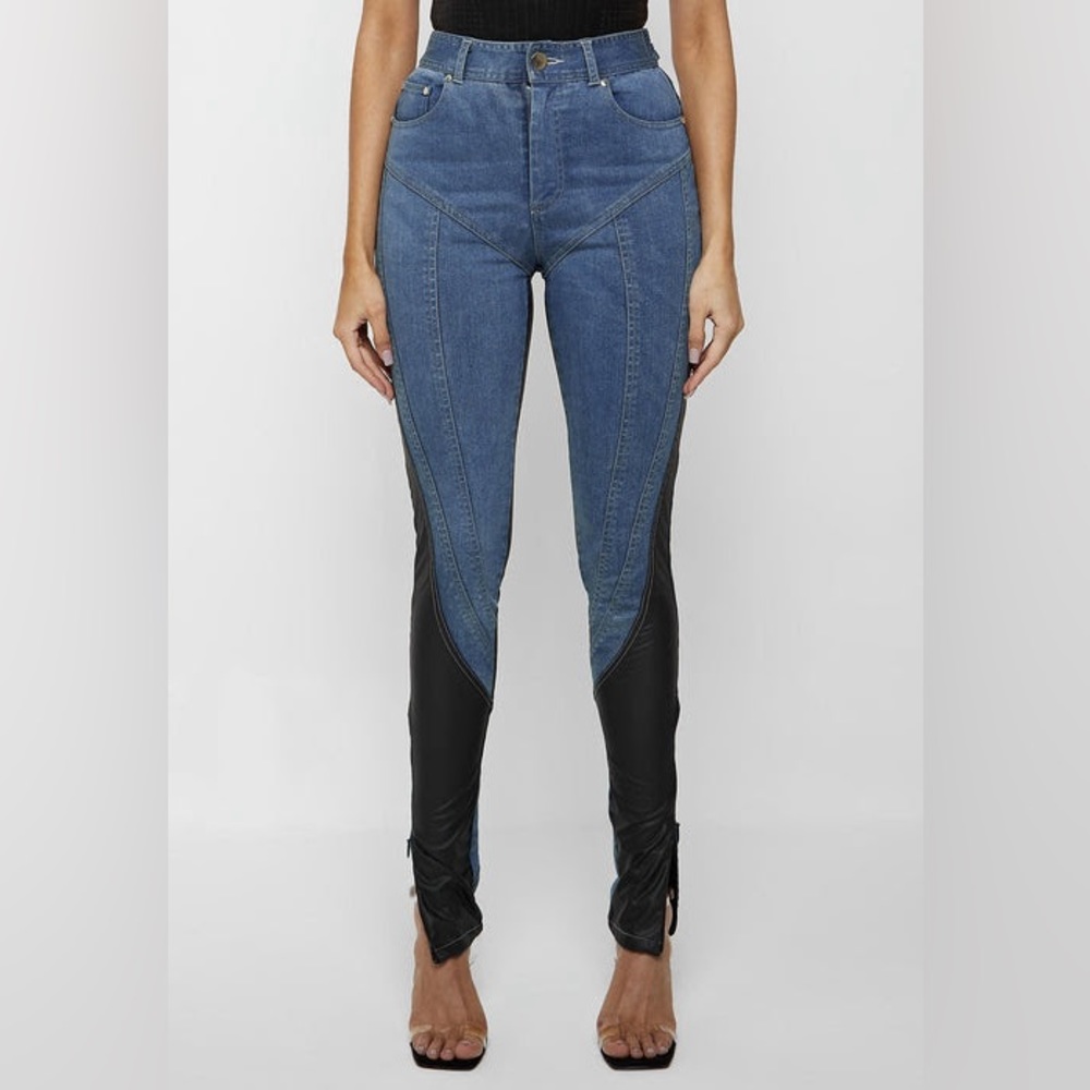 Vegan Leather Contour Skinny Jeans - Blue and Black